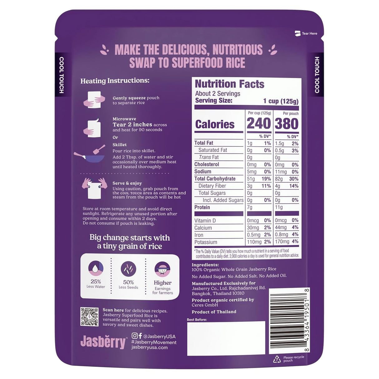 Back of a Jasberry Organic Superfood Rice package with nutritional information and branding details for Jasberry superfood rice.