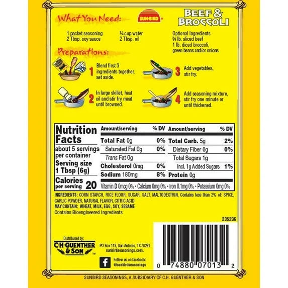 Back of a Sun-Bird seasoning packet with cooking instructions and nutrition facts.