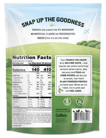 Back of a snack package with nutrition facts and branding information.