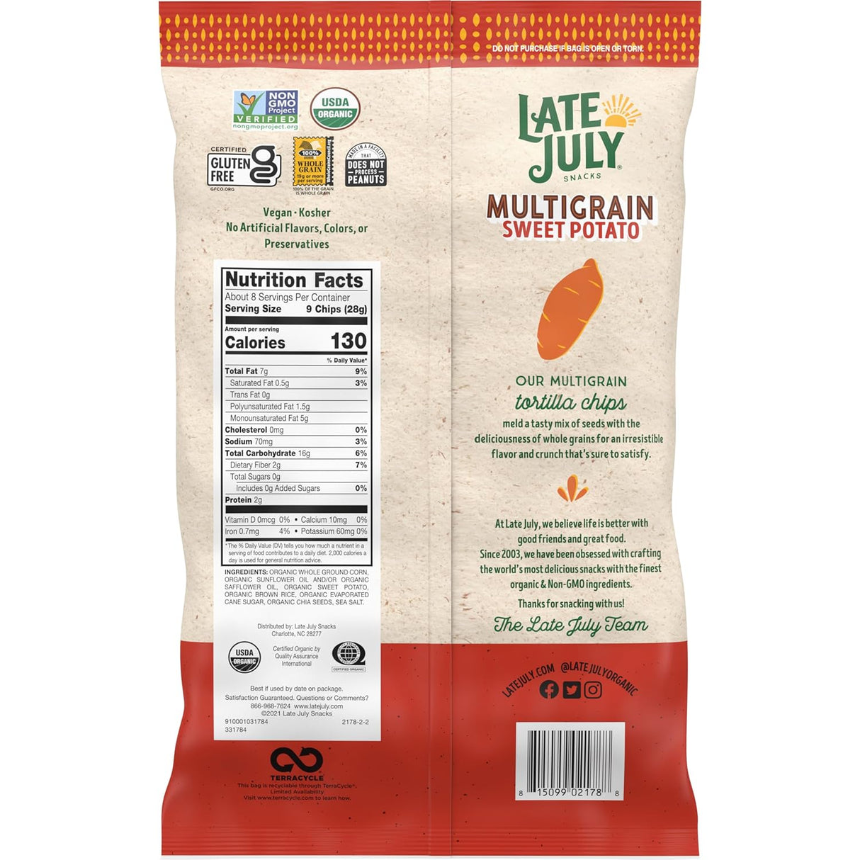 Back view of a bag of Late July Multigrain Sweet Potato tortilla chips with nutritional information and branding.