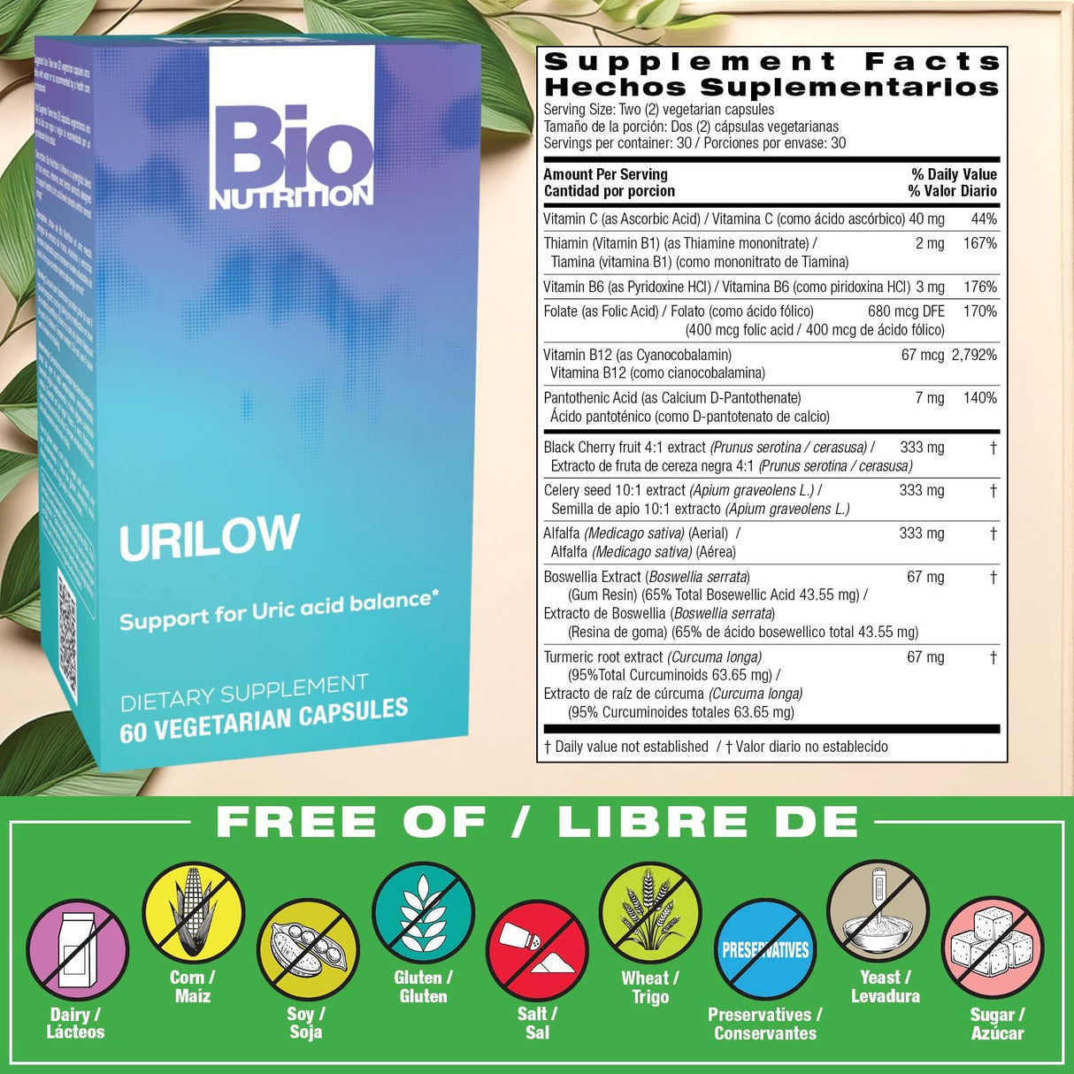 Bio Nutrition URILOW supplement packaging with label and ingredients list on a leafy background