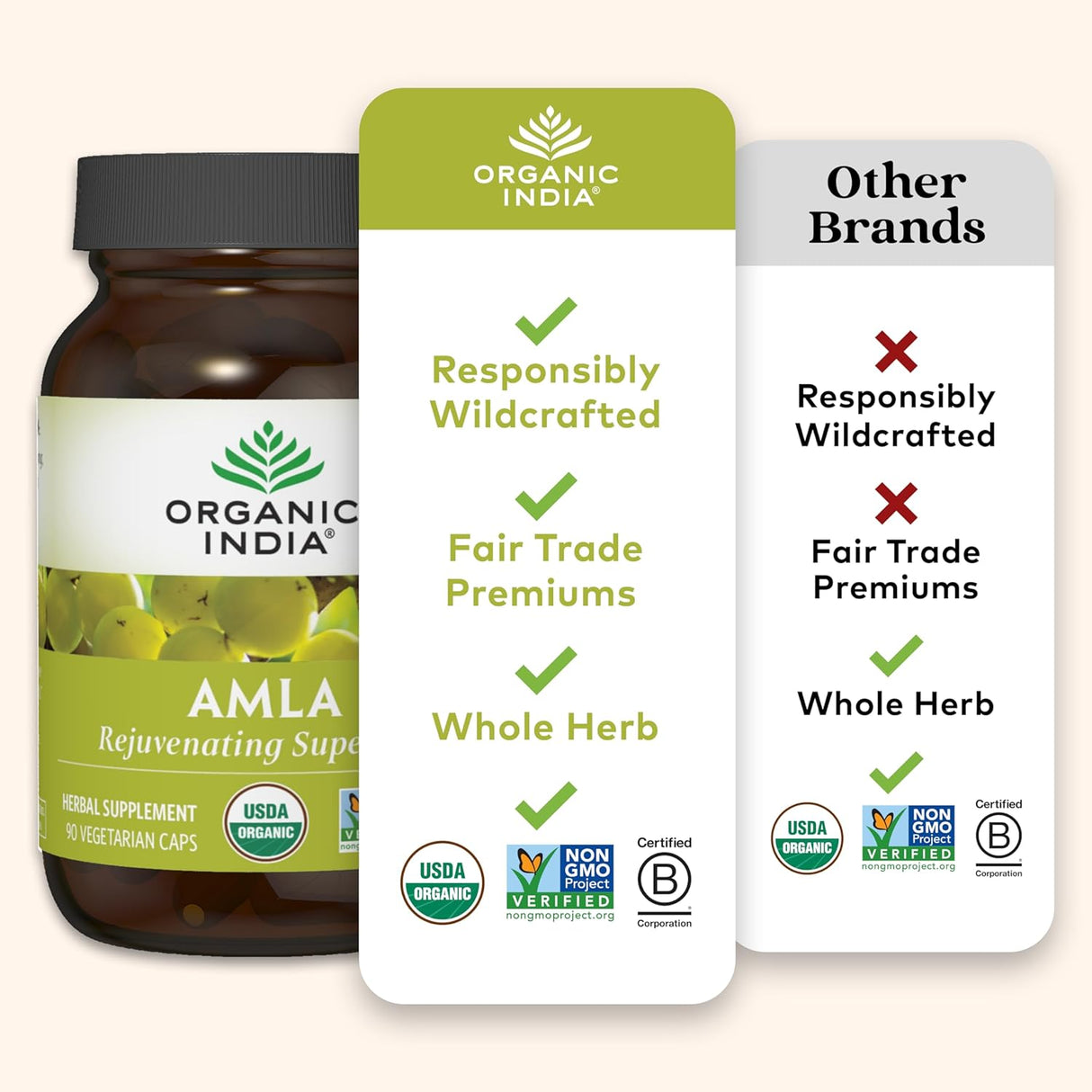 Bottle of Organic India AMLA supplement with certification labels on a white background