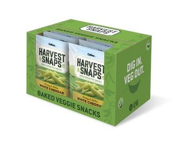Box of Harvest Snaps baked veggie snacks on a white background