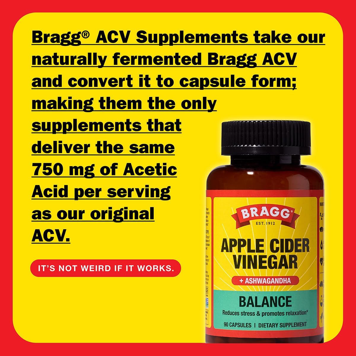 Bragg Apple Cider Vinegar supplement bottle with text about ACV on a yellow and red background