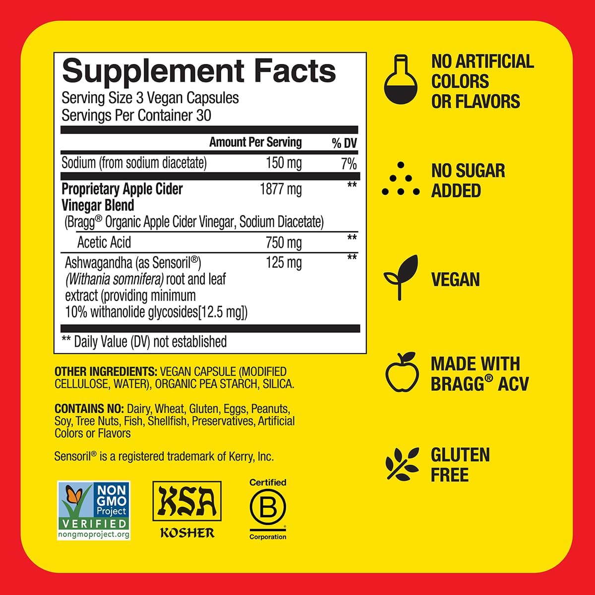 Bragg Apple Cider Vinegar supplement Supplement label with facts and certification logos on a yellow and red background
