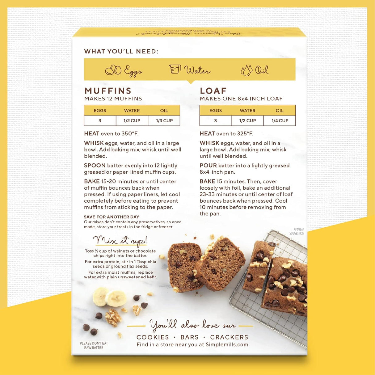Bread recipe card with muffin and loaf instructions on a yellow background