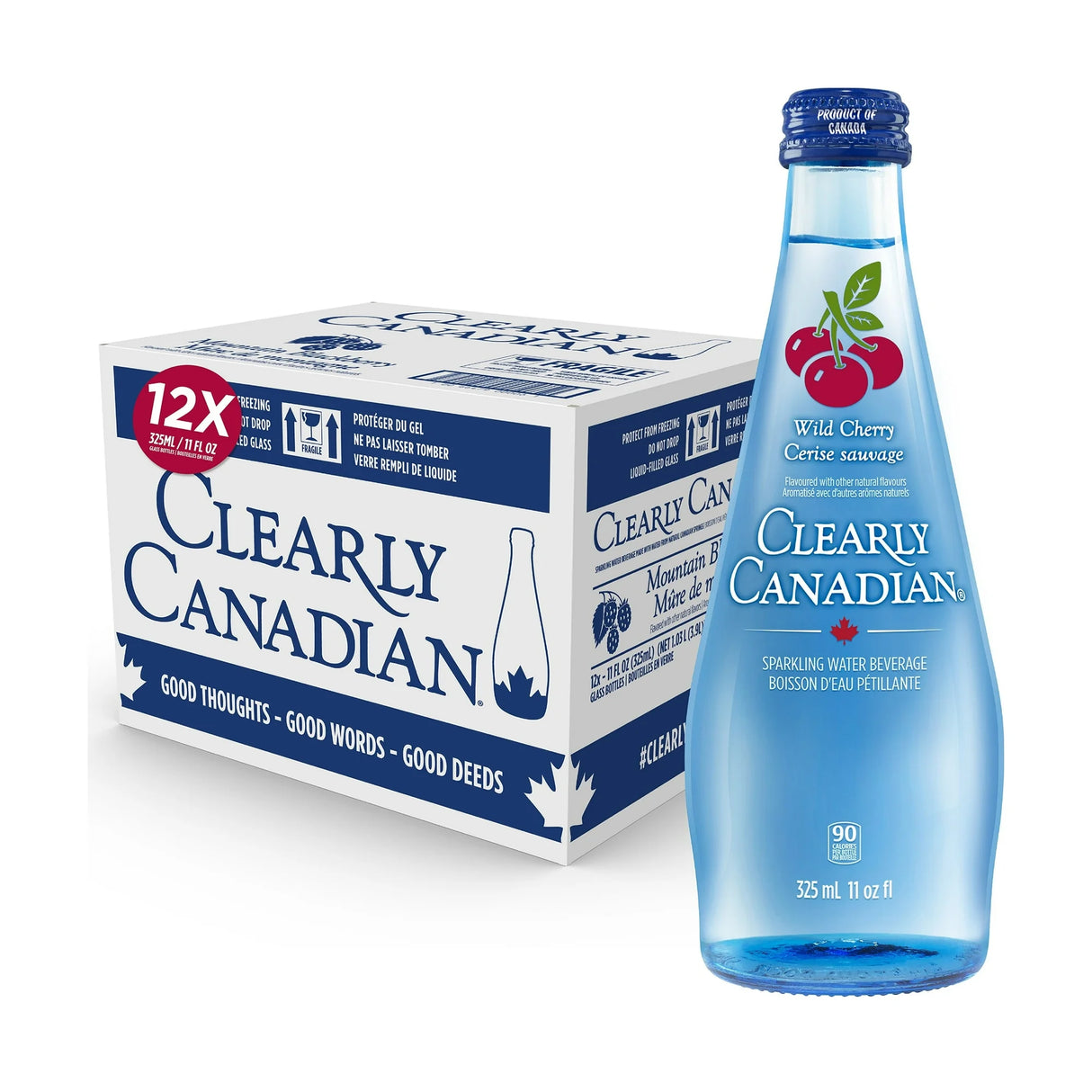 Clearly Canadian sparkling water bottle and box on a white background