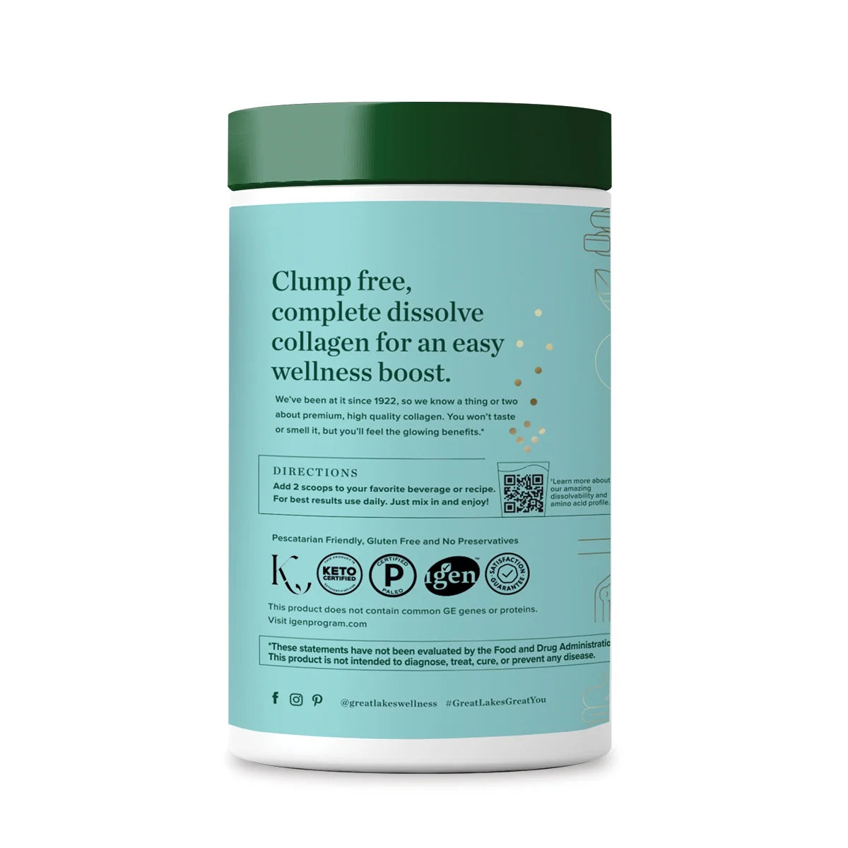 Collagen powder container with green lid and blue label on a white background