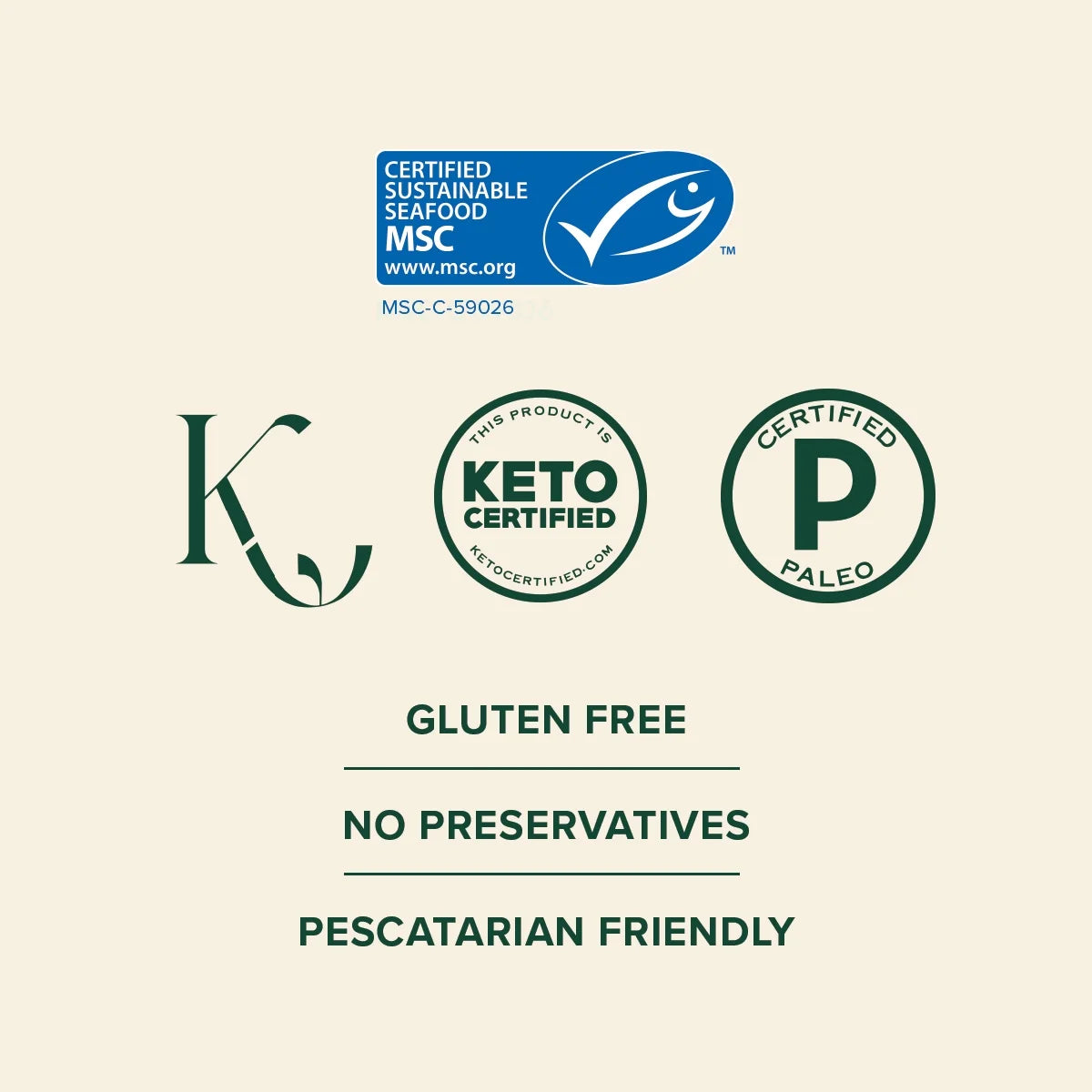 Collection of certification logos and dietary labels on a beige background
