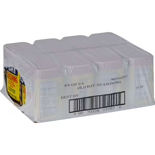 Packaged Old Bay seasoning with clear plastic wrapping on a white background