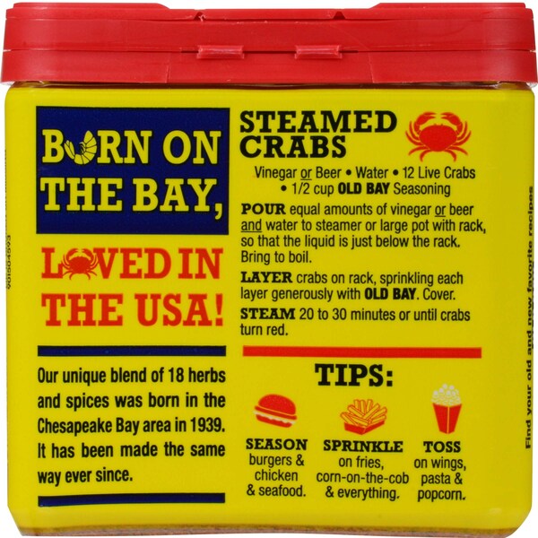 Yellow container with red lid featuring Old Bay seasoning instructions and branding.