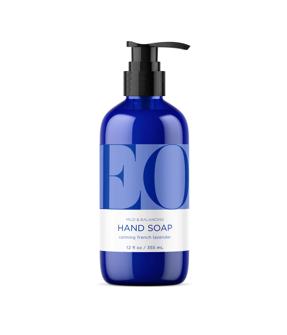 Blue hand soap bottle with pump on a white background