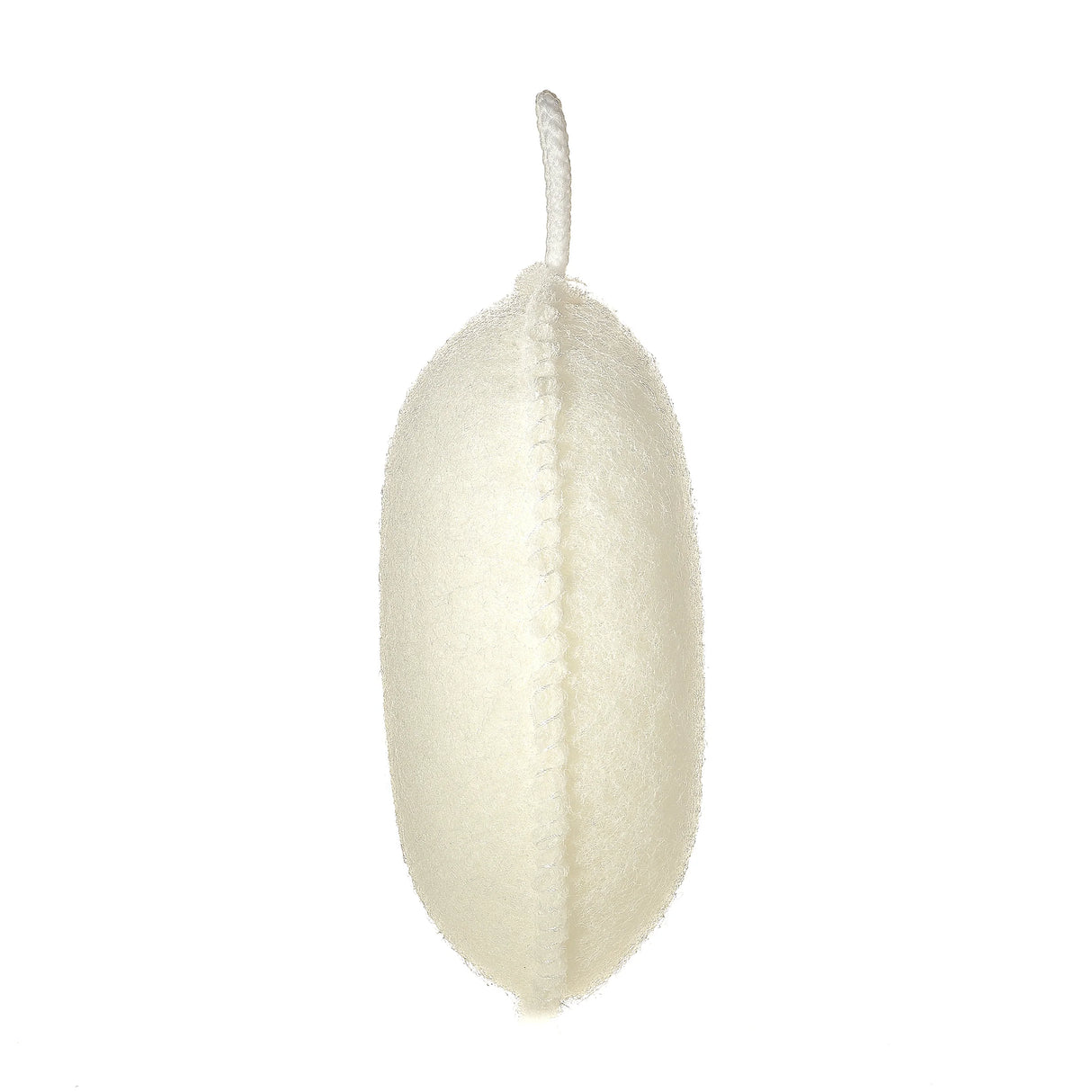 White decorative item with a string on a white background