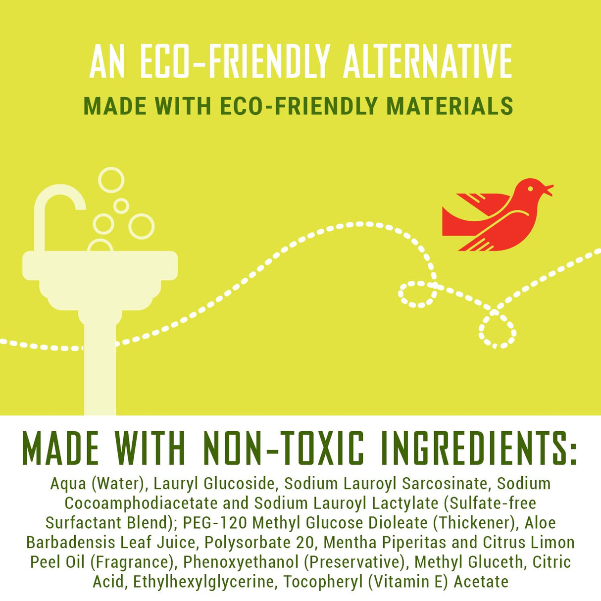 Eco-friendly product label with a sink, bird, and text about eco-friendly materials and non-toxic ingredients.