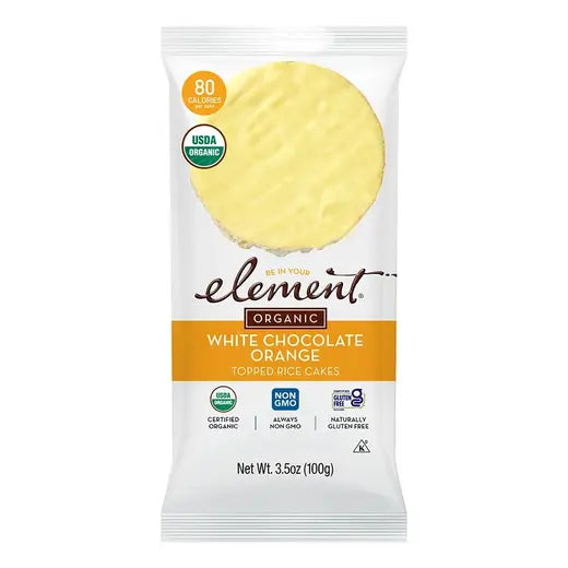 Package of Element Organic white chocolate orange rice cakes on a white background