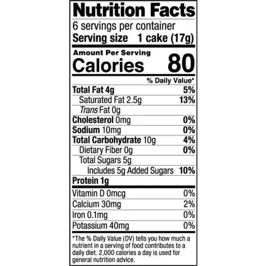 Nutrition facts label for White Chocolate-Vanilla Orange Topped Rice Cakes with serving size, calories, and nutritional content details.