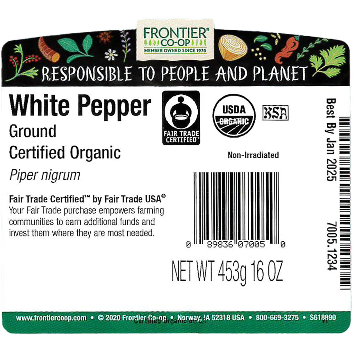 Label for Frontier Co-op ground white pepper with certification logos and product details.