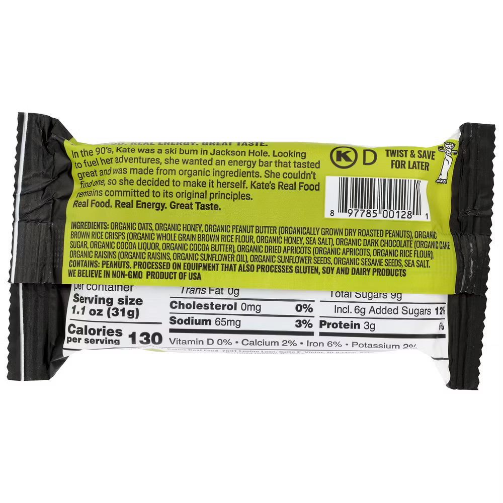 Kate's Real Food Bar Grizzly Peanut Butter Dark Chocolate, 2.2 oz, Case of 12