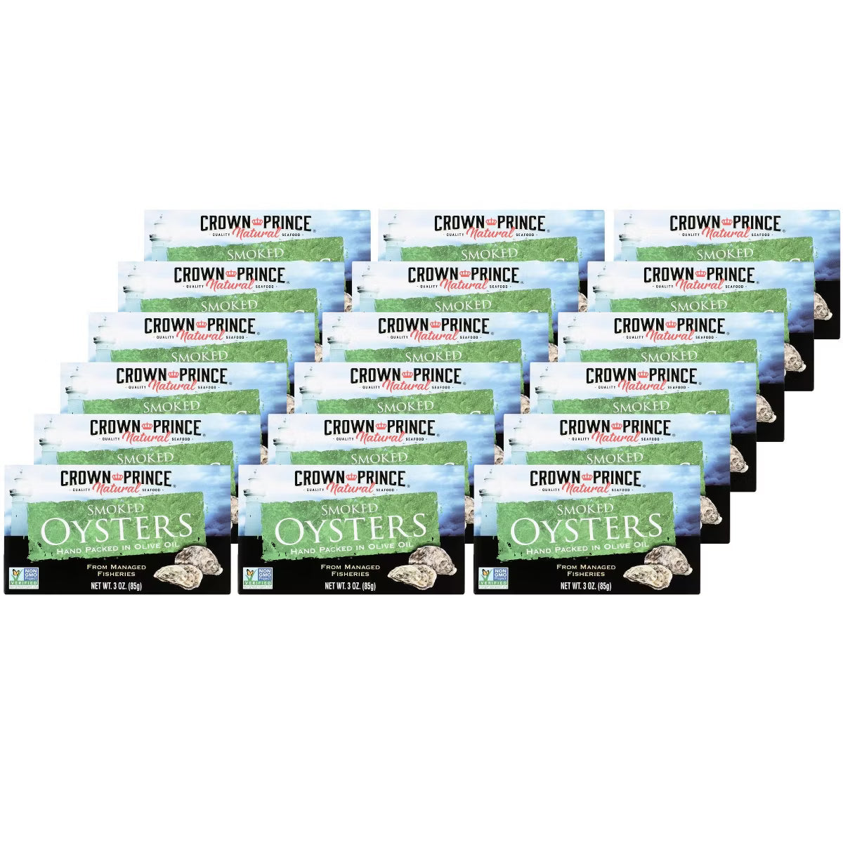 Crown Prince Naturally Smoked Oysters in Pure Olive Oil, 3 oz, Case of 18