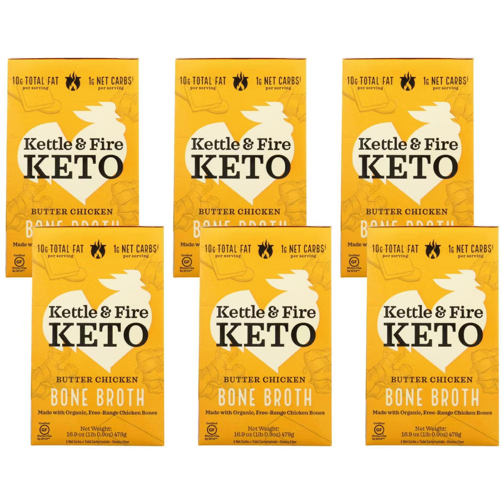 Five packages of Kettle & Fire Keto Butter Chicken and Bone Broth on a white background