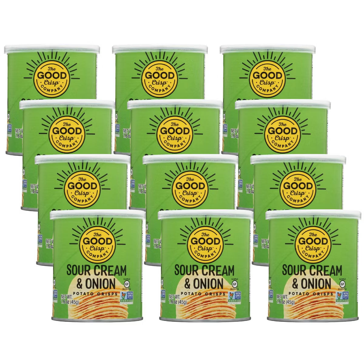 Multiple cans of The Good Crisp Company Sour Cream & Onion potato chips on a white background