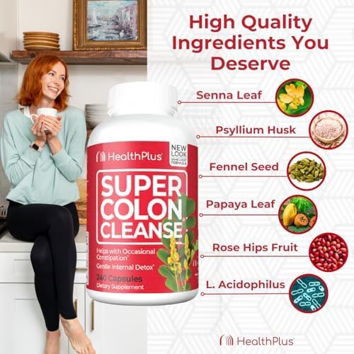 HealthPlus Super Colon Cleanse supplement bottle with a woman holding a mug in a kitchen setting.