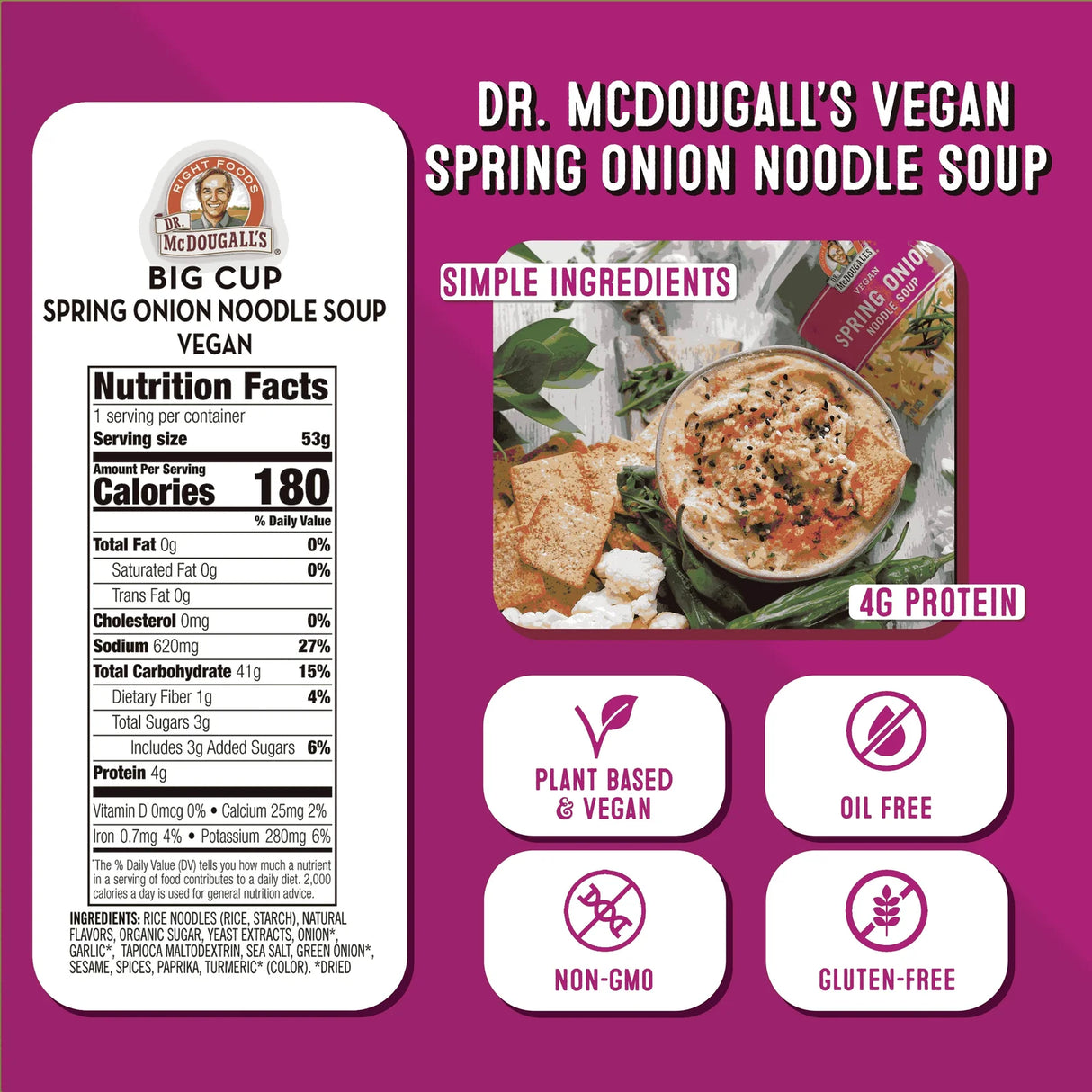 Dr. McDougall's Vegan Spring Onion Noodle Soup, 1.9 Oz. Big Cup, Case of 6 – Organic, Gluten-Free, Dairy-Free