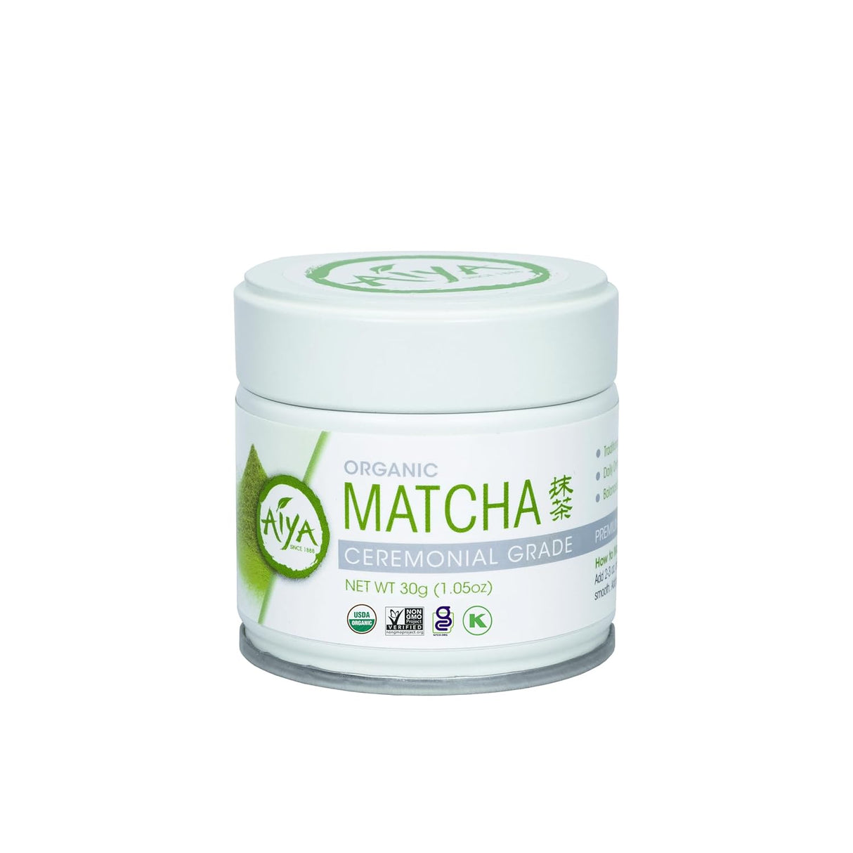 Jar of organic matcha powder with Niyama logo on a white background