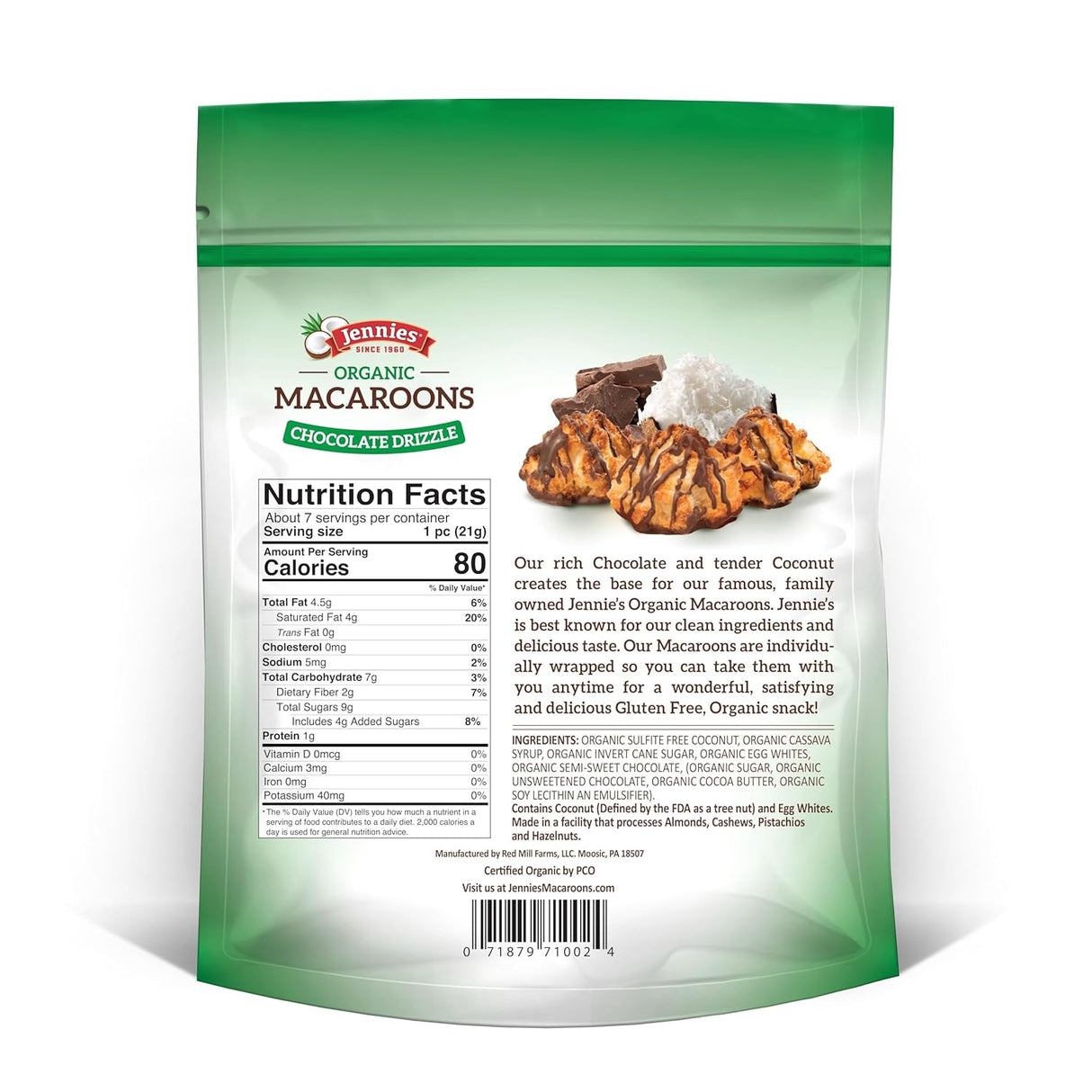 Jennie-O Organic Macaroons packaging with nutritional information on a white background
