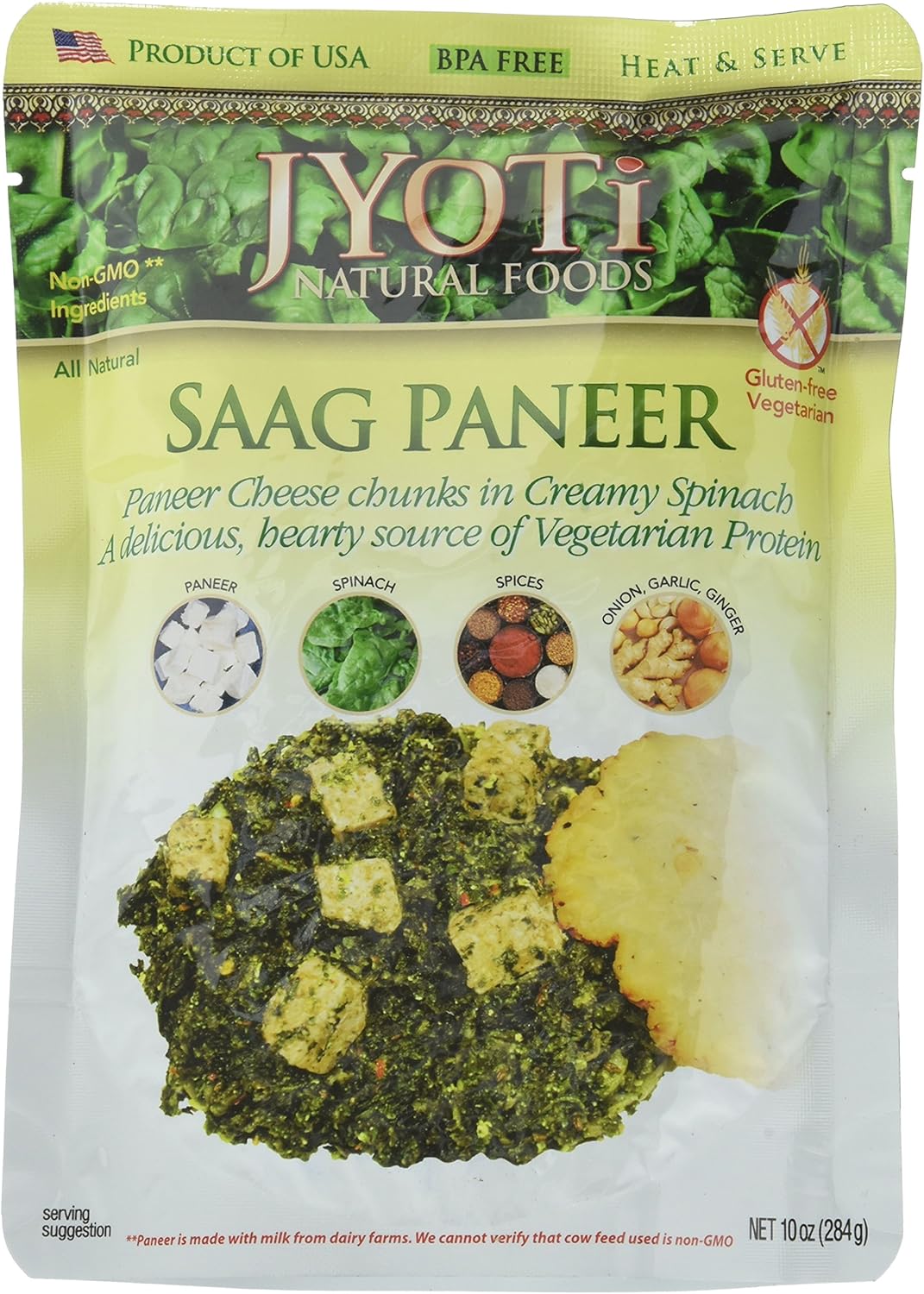 Packaging of Jyoti Natural Foods Saag Paneer with green and yellow design