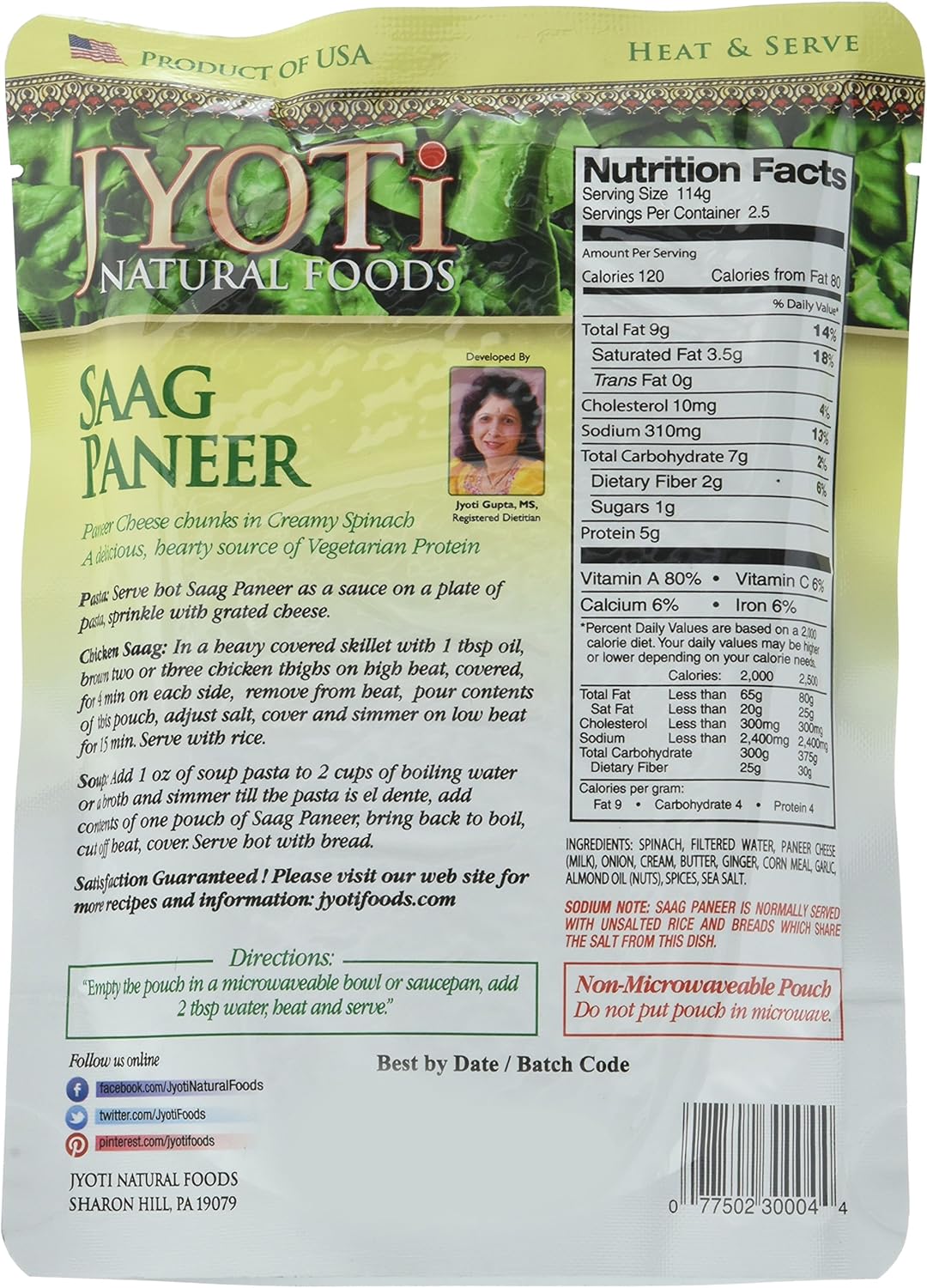 Back of a Jyoti Natural Foods Saag Paneer package with nutritional information and ingredients listed.