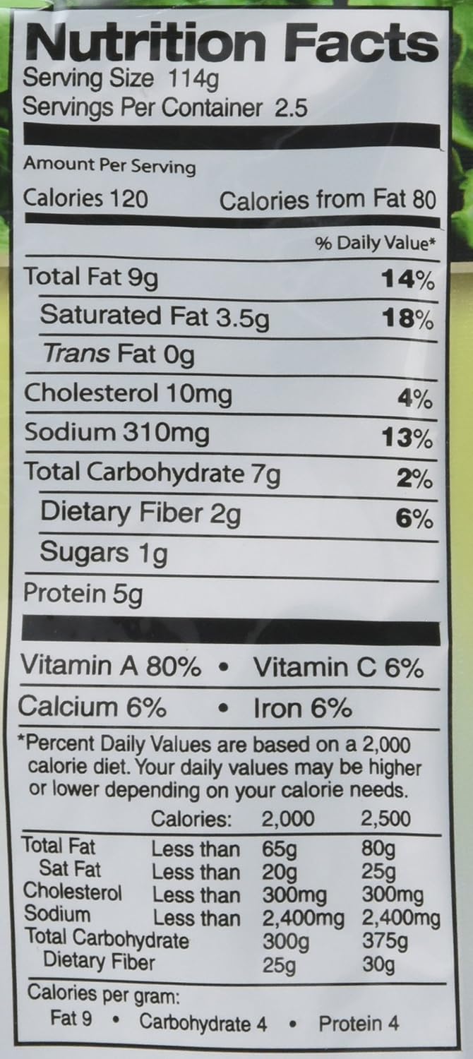 Nutrition facts label for a Jyoti Natural Foods Saag Paneer with green leafy background