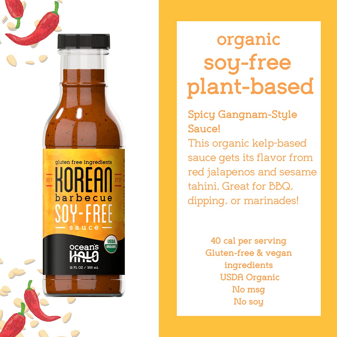 Korean barbecue soy-free sauce bottle with label on a yellow background