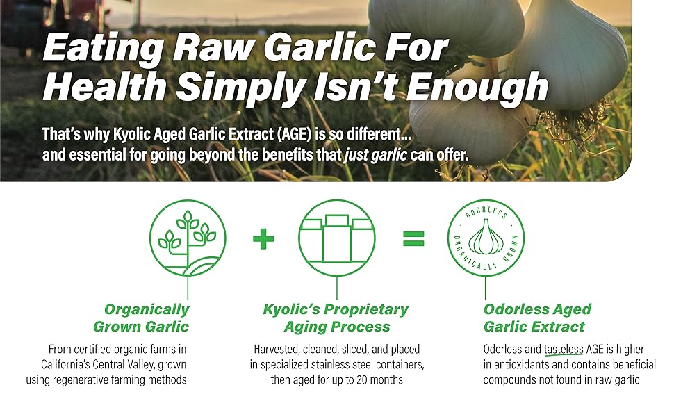 Kyolic Aged Garlic Extract with text and graphics about its benefits.