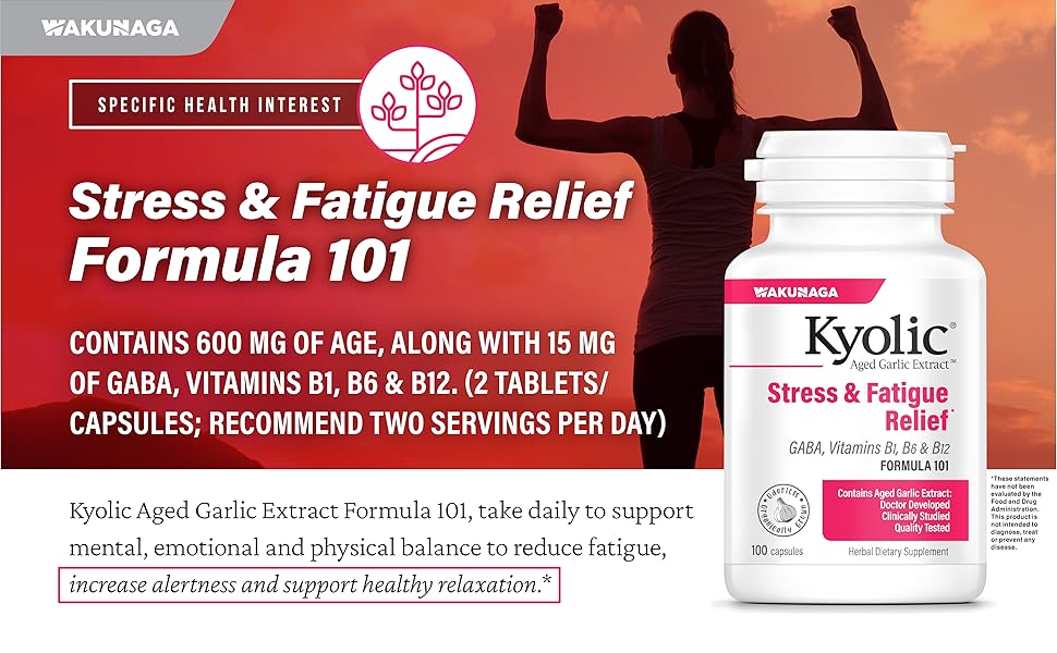 Kyolic Stress & Fatigue Relief Formula 101 supplement bottle with a person flexing muscles against a sunset background.