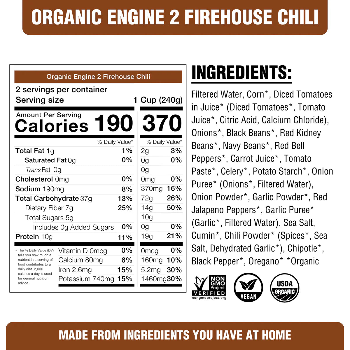 Label for Organic Engine 2 Firehouse Chili with nutritional information and ingredients list.