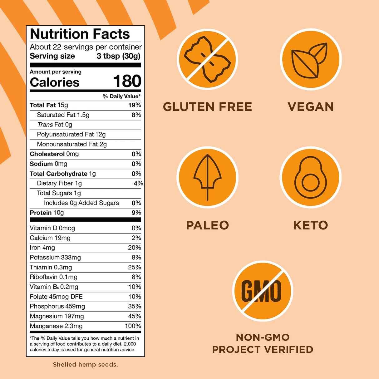 Manitoba harvest help seeds Nutrition facts label with health certification icons on a beige background
