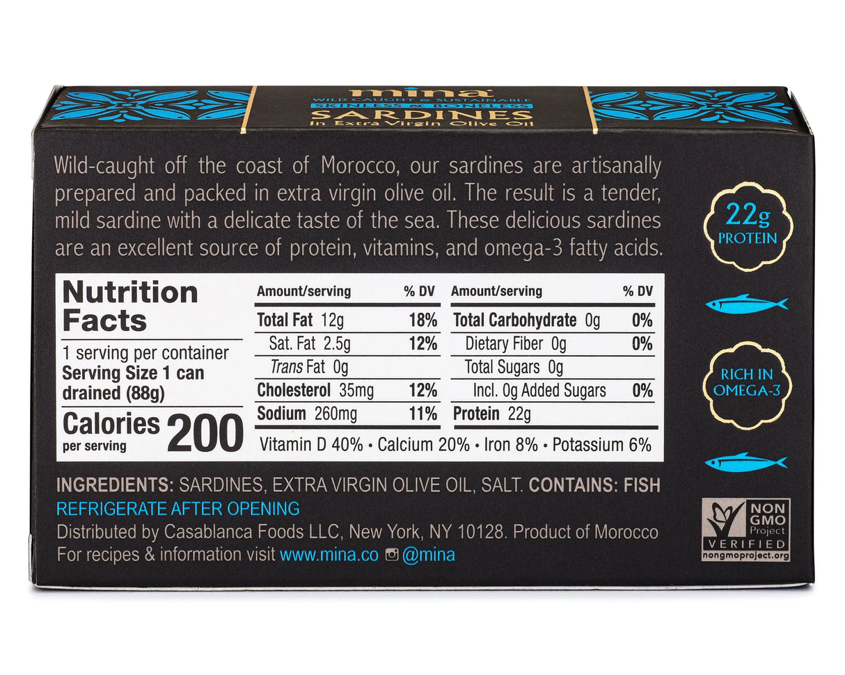 Mina Skinless & Boneless Sardines in Extra Virgin Olive Oil, 4.4 Oz (Pack of 12) - Cozy Farm