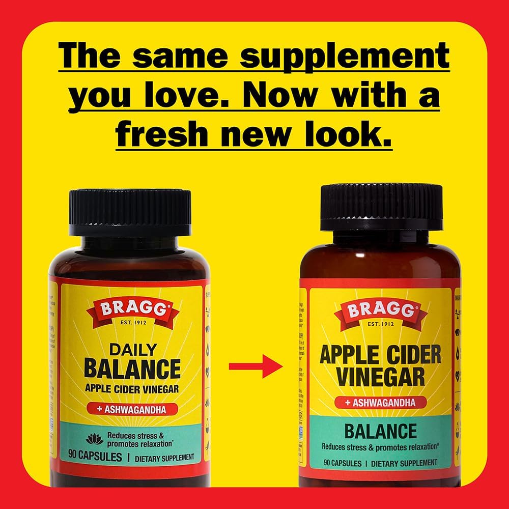 New look of Bragg Apple Cider Vinegar with a yellow background and text.