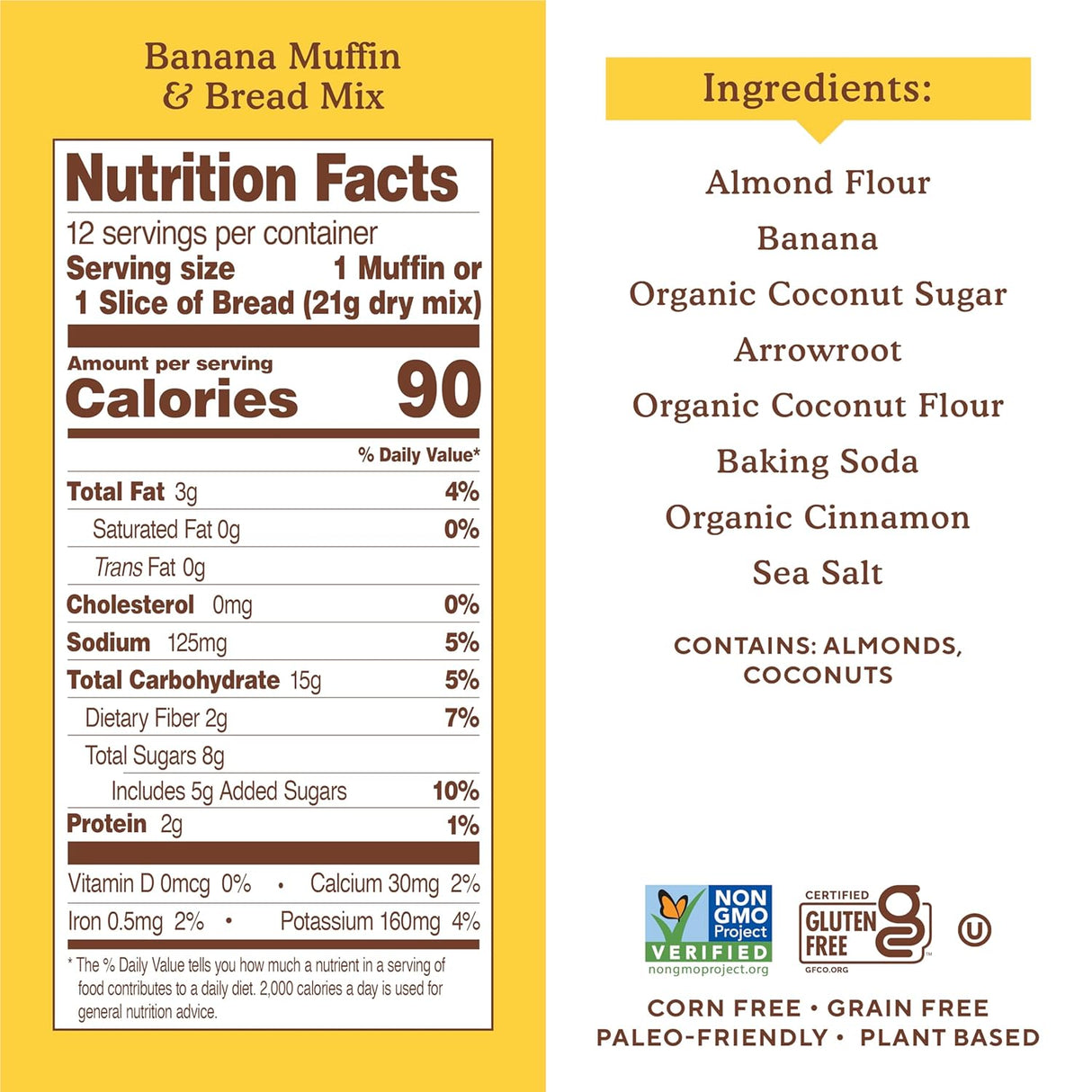Nutrition facts and ingredients label for banana muffin and bread mix on a yellow background