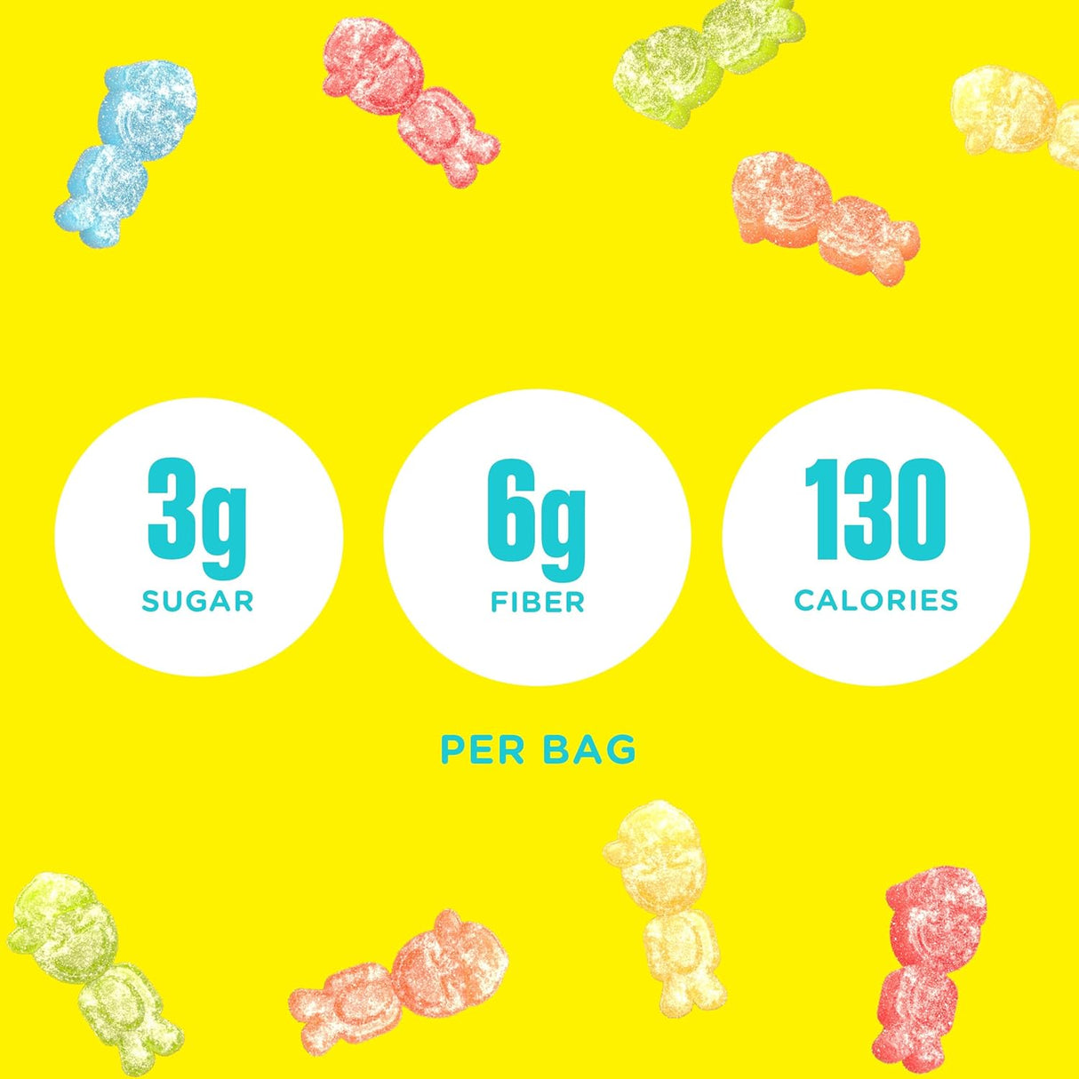 Nutrition facts label and ingredients list for Sour Blast Buddies on a yellow background with nutritional information displayed.