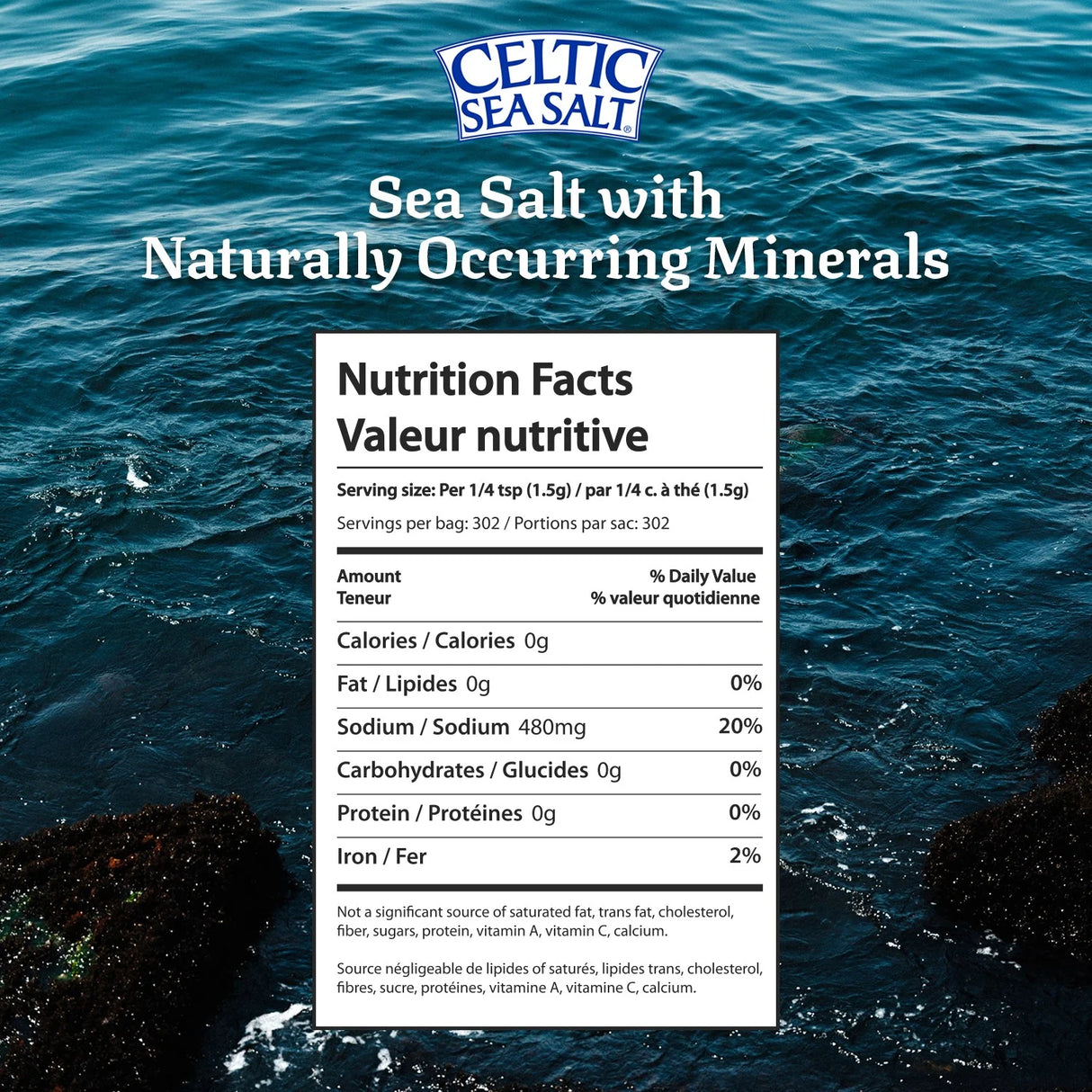 Nutrition facts label for Celtic Sea Salt with ocean background