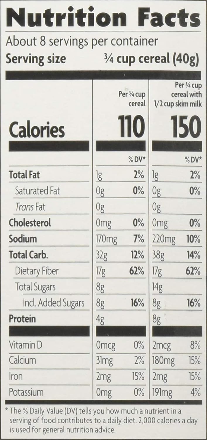 Nutrition facts label for cereal with serving size and calorie information.