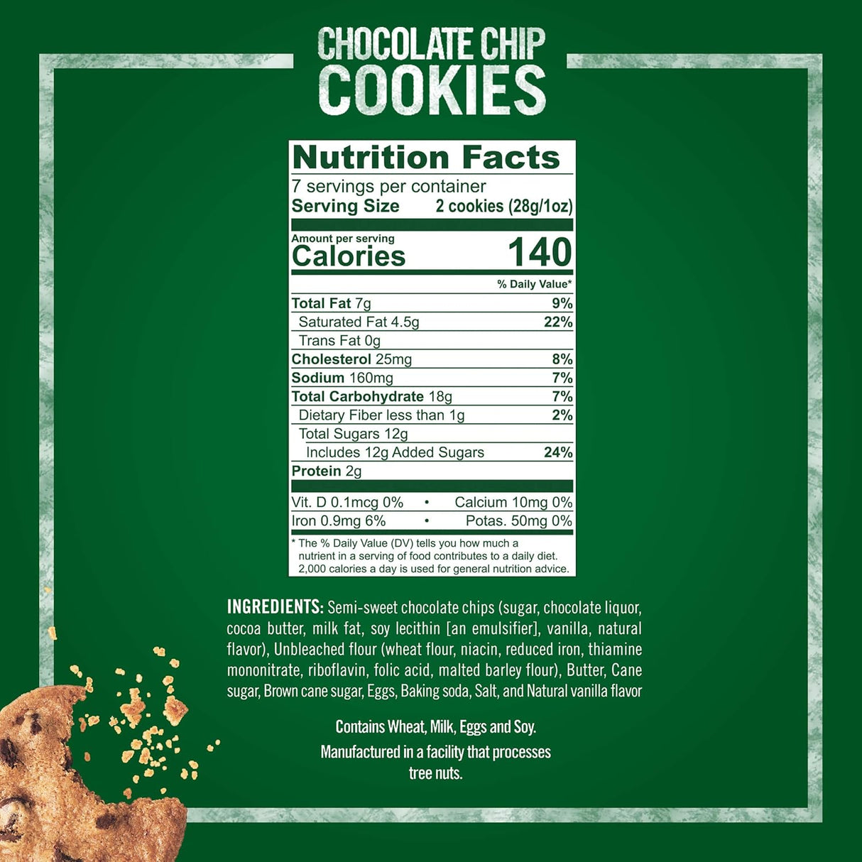Nutrition facts label for chocolate chip cookies on a green background