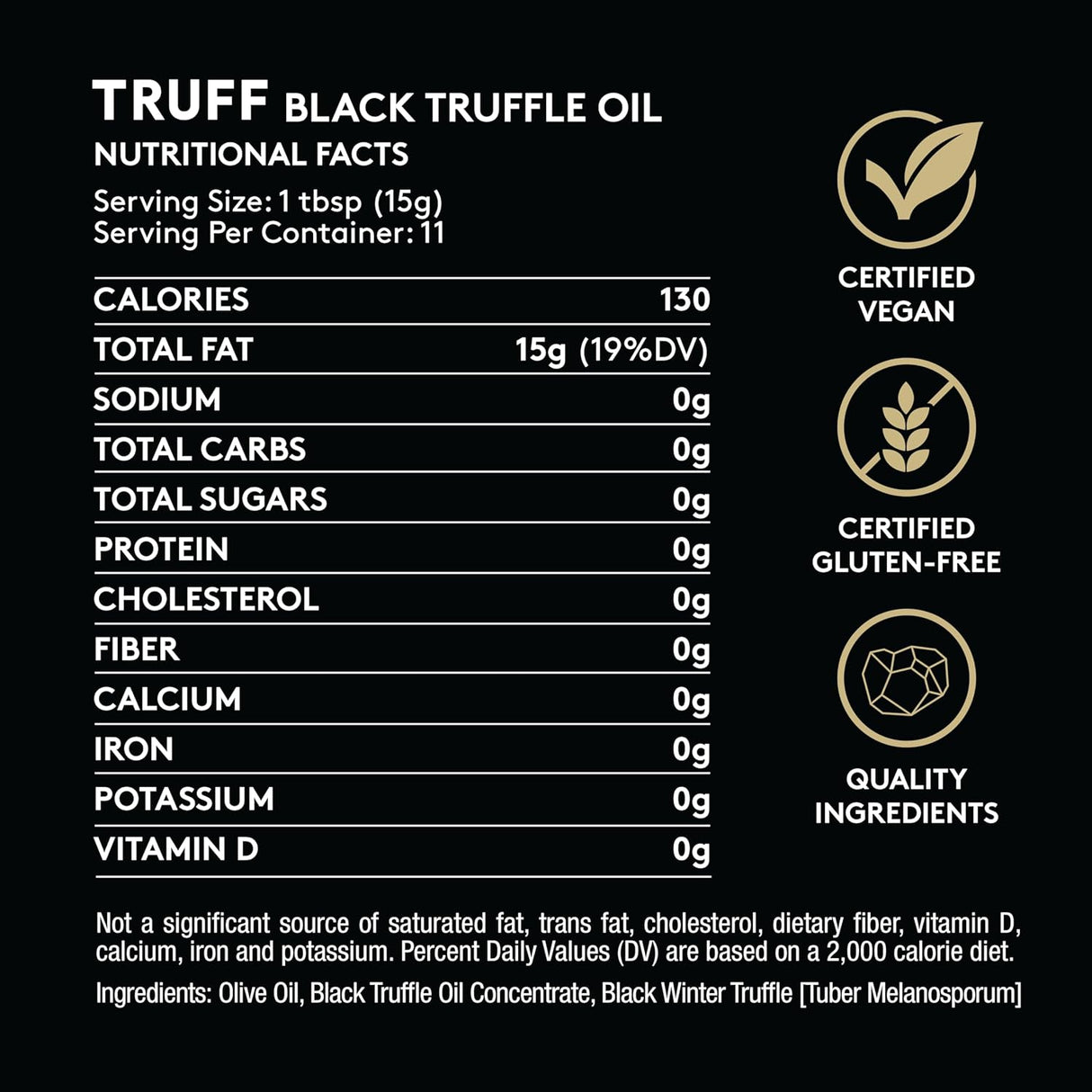 Nutritional facts and certification logos for Truff Black Truffle Oil on a black background