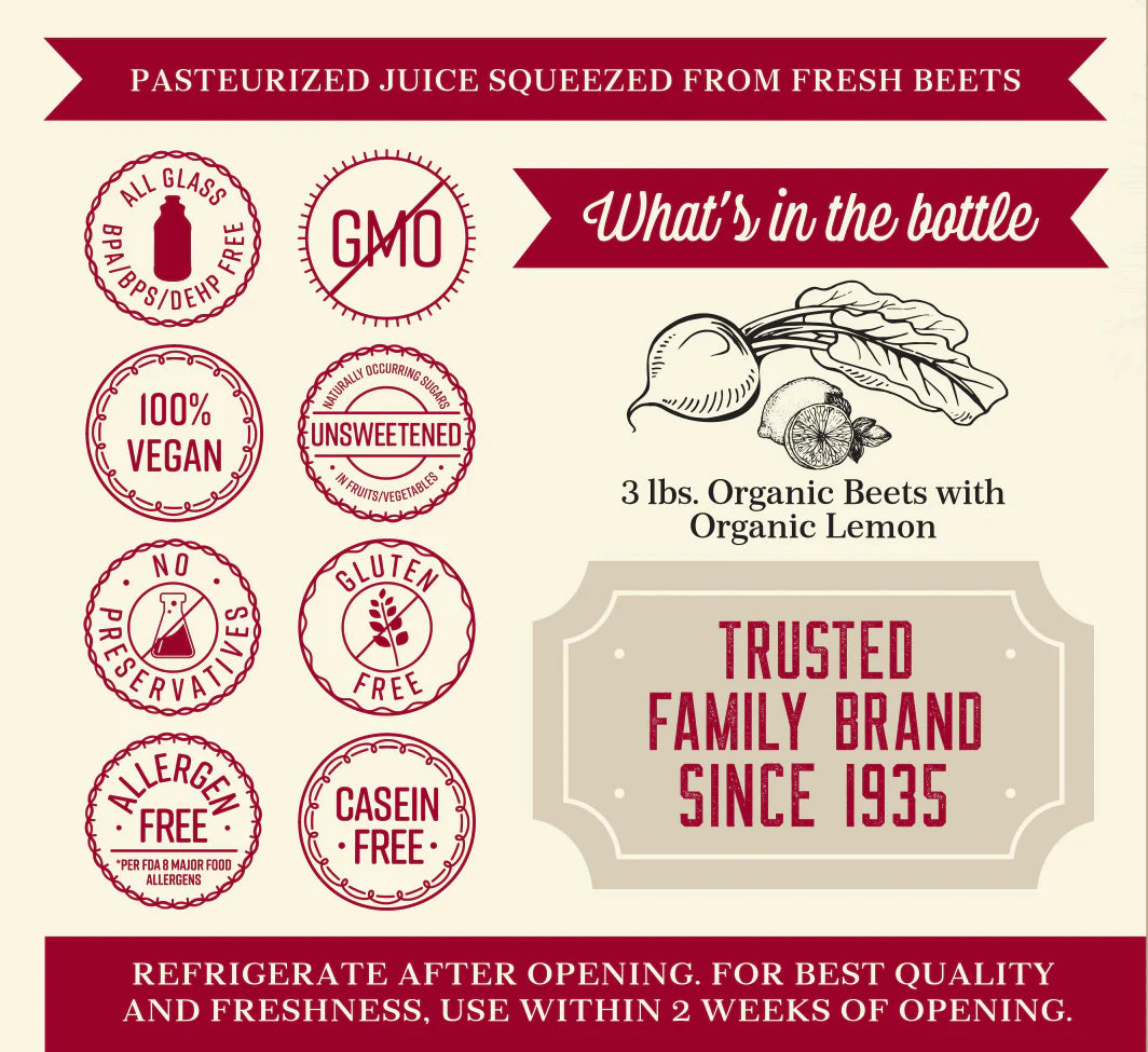 Beet juice label with branding and product information on a beige background