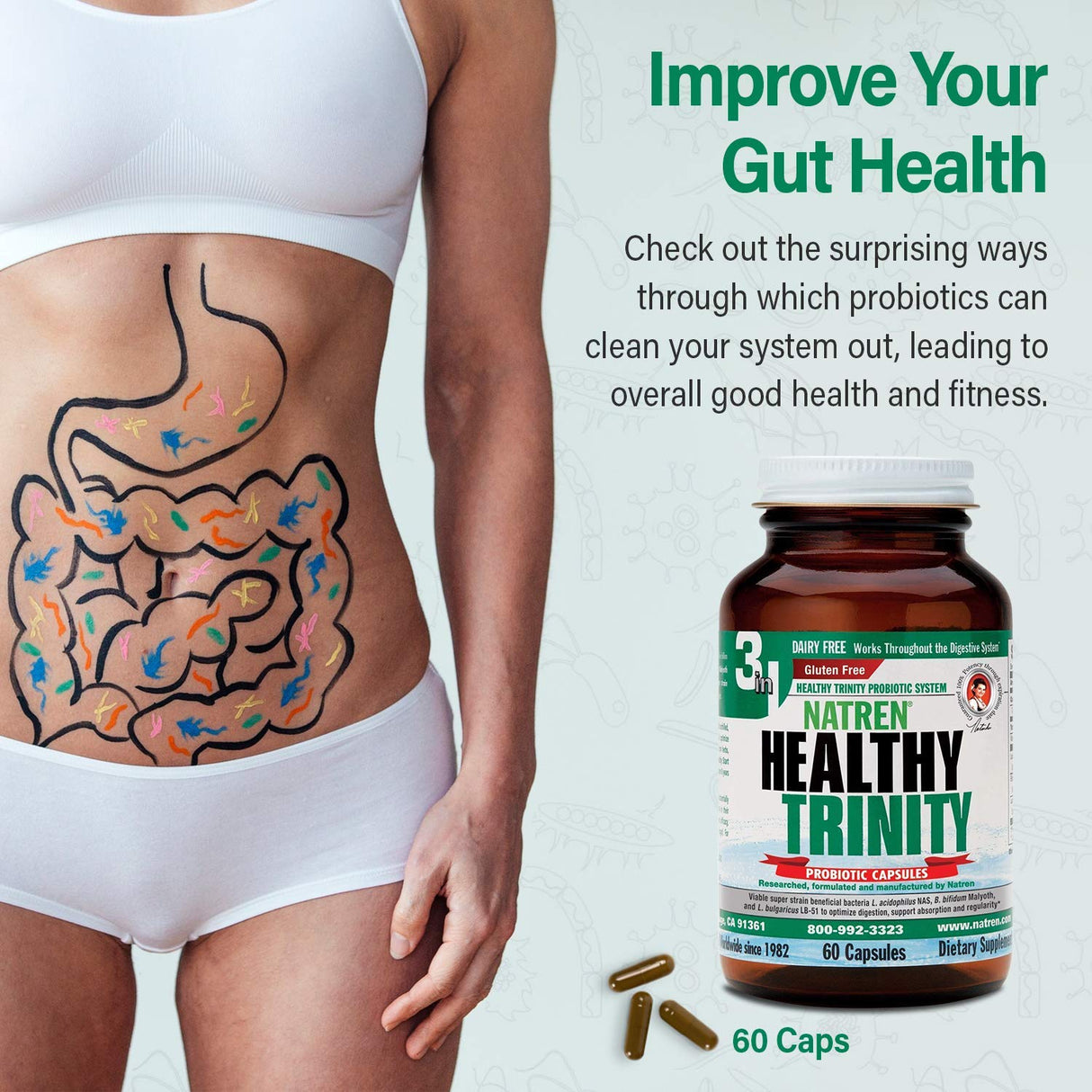 Person wearing white underwear with a diagram of intestines, Natren Healthy Trinity probiotic supplement bottle, and capsules on a light gray background.