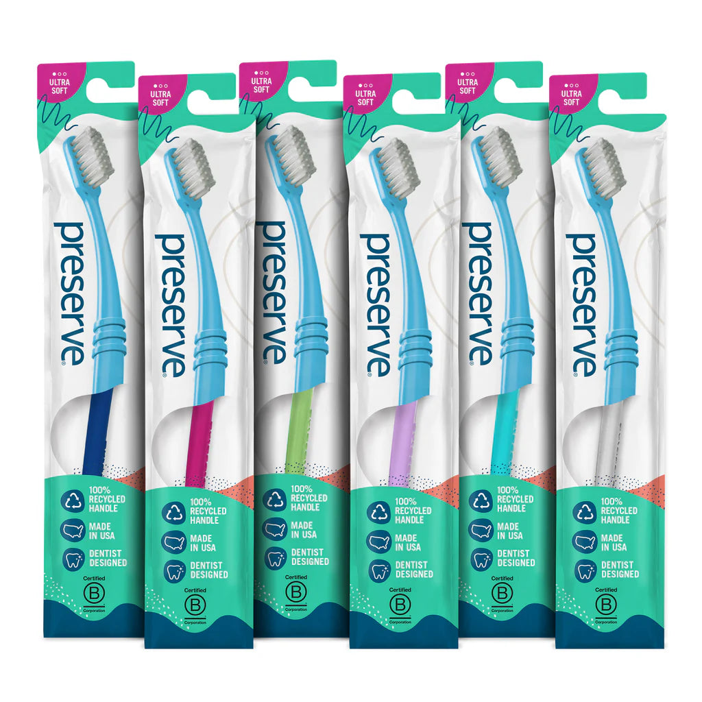 Preserve Ultra-Soft Adult Toothbrushes, BPA-Free, Eco-Friendly, Pack of 6 (Assorted Colors)