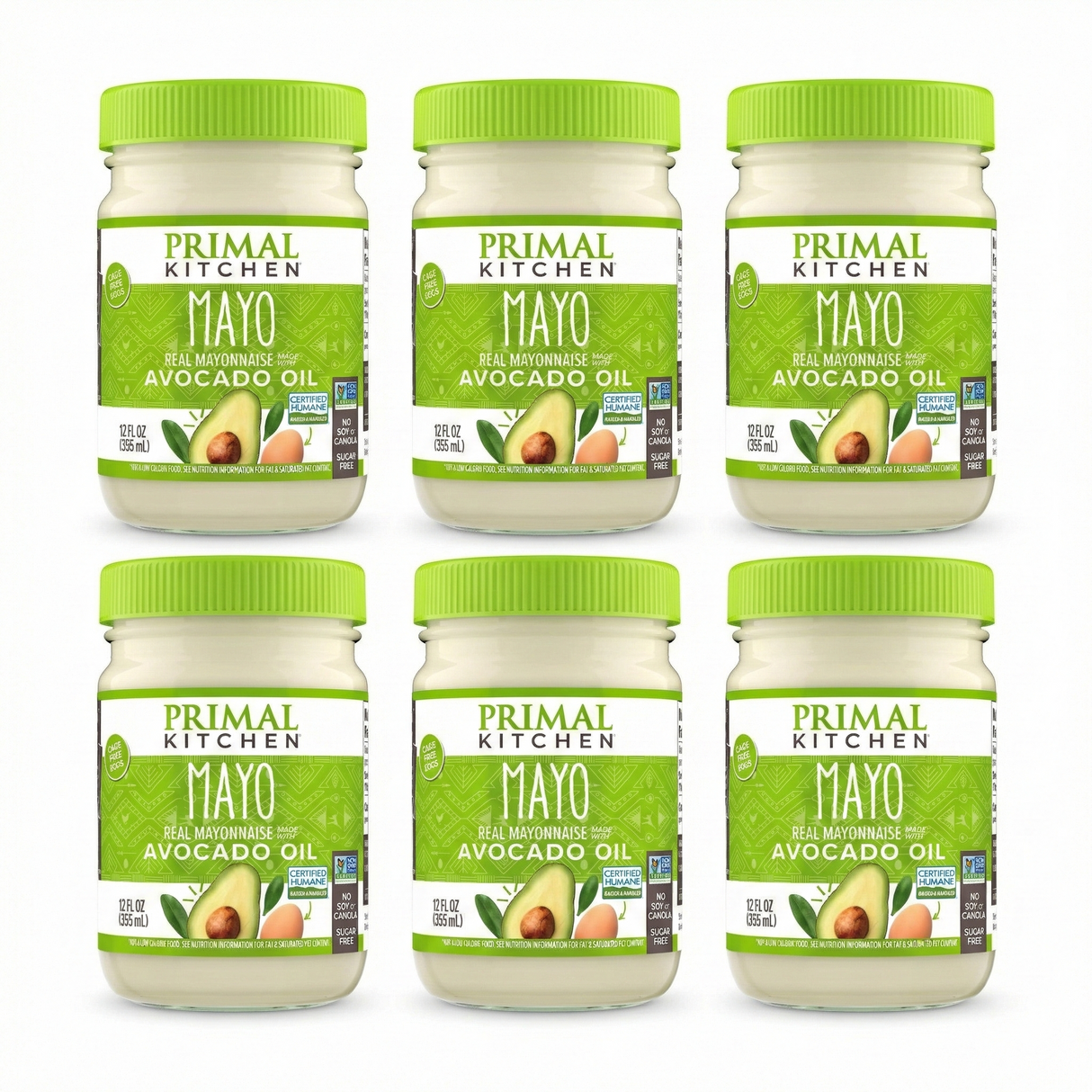 Six jars of Primal Kitchen Mayo with Avocado Oil on a white background