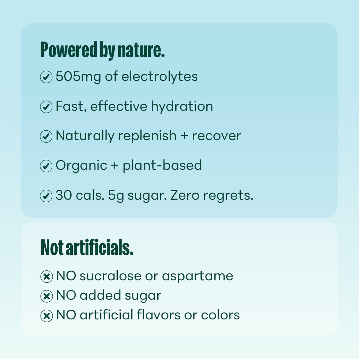 Product description card with health benefits and claims on a light blue background
